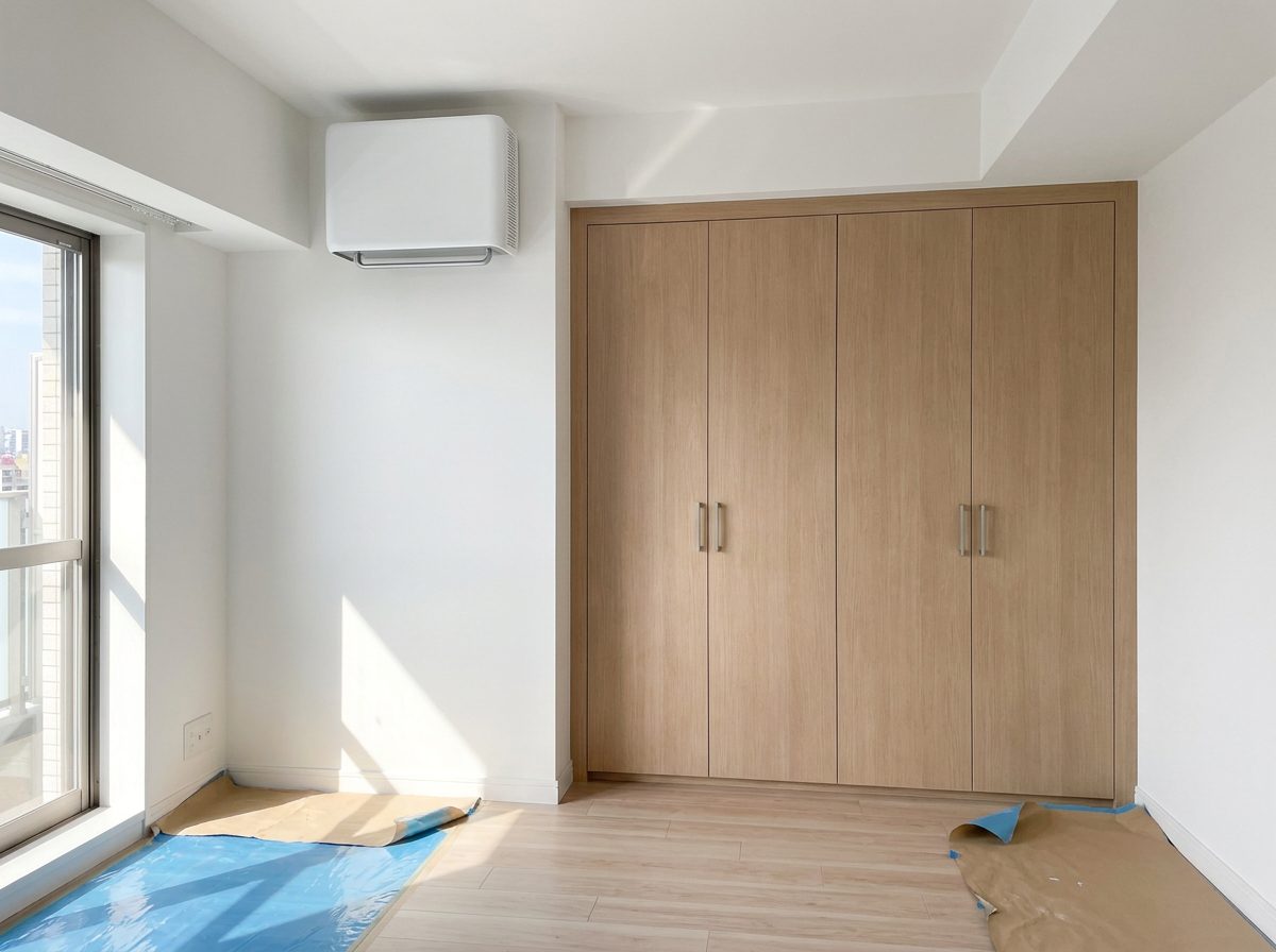 ห้องนอนบ้านใหม่ก่อนเข้าอยู่ ตู้บิวท์อินใหม่ พื้นยังปูพลาสติกกันเปื้อน มีเครื่องติดผนังใกล้หน้าต่าง